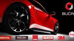 Modern red sports car in a spotlight on a black background. Front view. 3D render. Luxury cars.